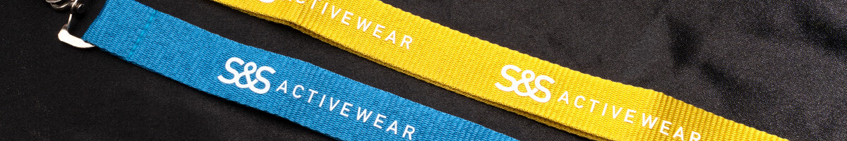 One company logo printed on lanyards in two brand colors