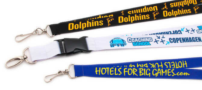 Three custom nylon lanyards: black Dolphins lanyard, white IFAF Coaching School Copenhagen lanyard, and blue Hotels For Big Games lanyard